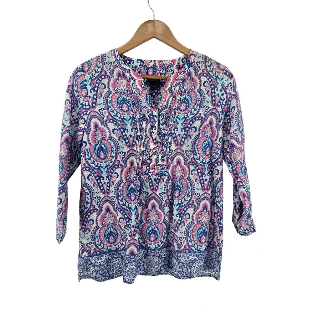 Talbots Blouse Womens XS Pink Blue Paisley Split Neck 3/4 Sleeve Cotton Top